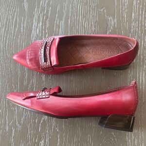 Hispanitas Red Leather Fringe Faux Croc Loafers Low Block Heel Pointy Toe 38.5